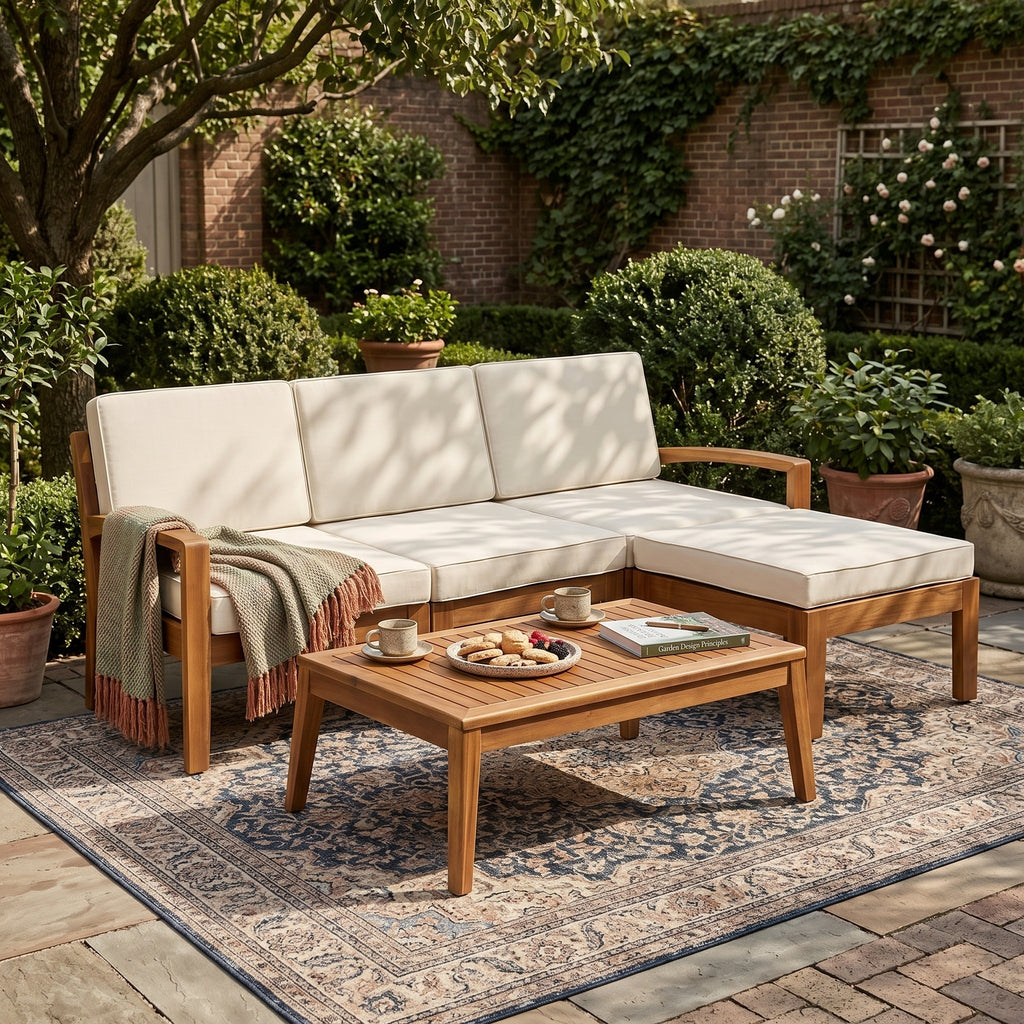 Teak and Beige 3-Piece L-Shaped Acacia Wood Outdoor Patio Sofa Set