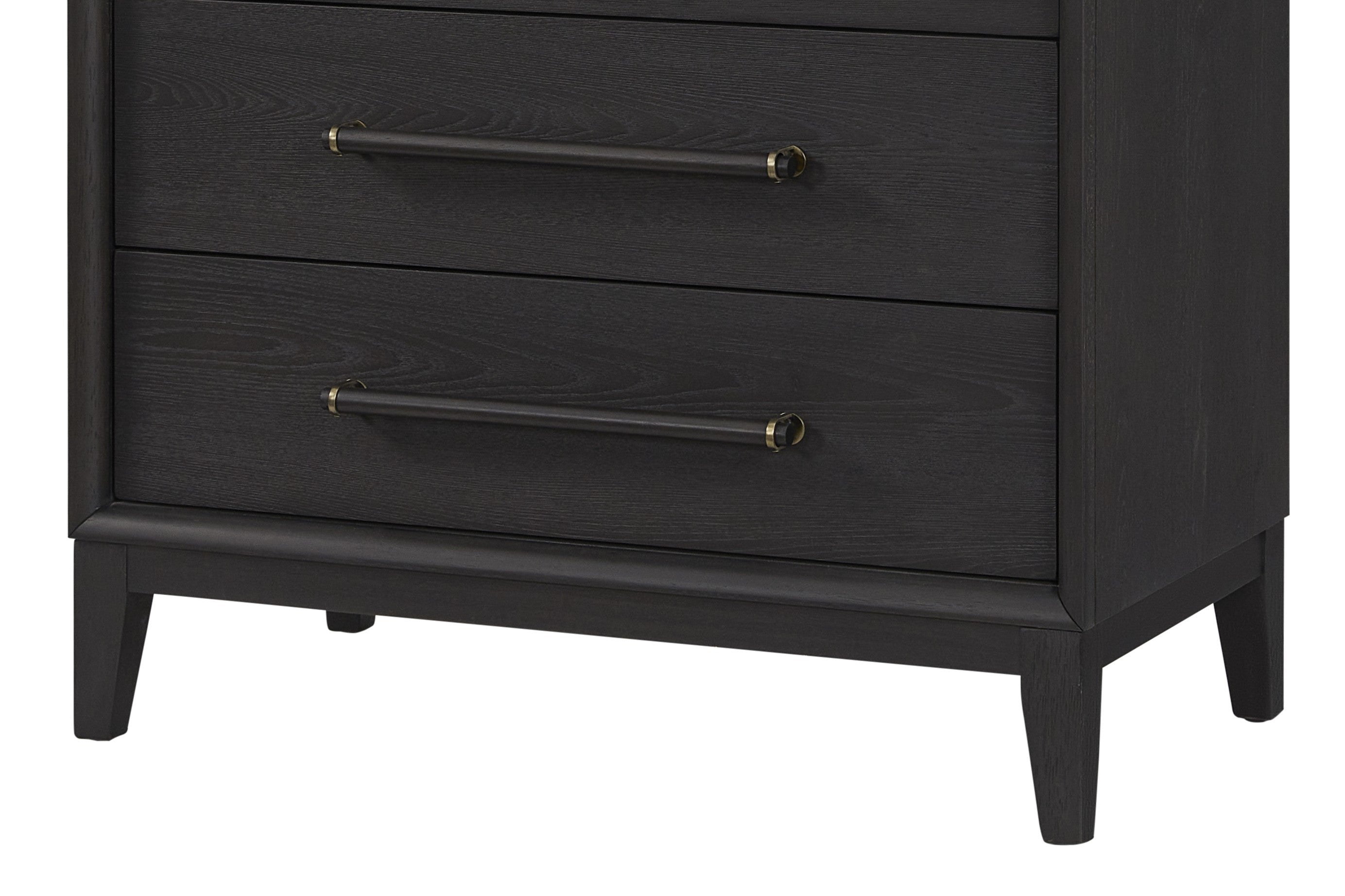 Lower section of Small Peppercorn Chest featuring tapered legs and textured wood grain, perfect for stylish and compact bedroom storage.