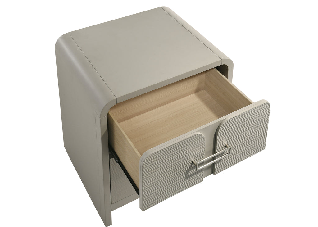 Top view of Aria Modern 2-Drawer Nightstand with upper drawer fully open, revealing spacious interior and textured drawer design.
