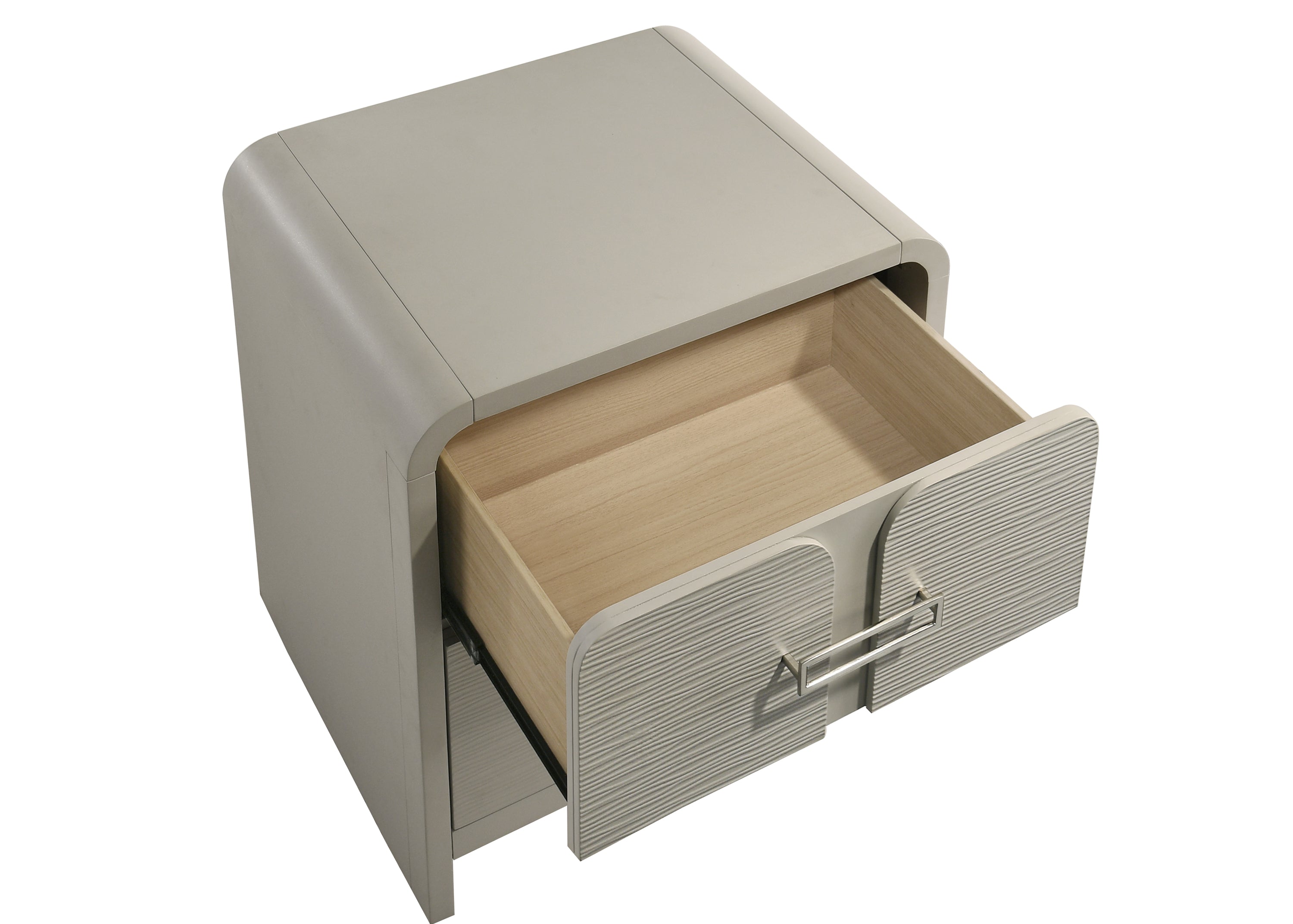Top view of Aria Modern 2-Drawer Nightstand with upper drawer fully open, revealing spacious interior and textured drawer design.