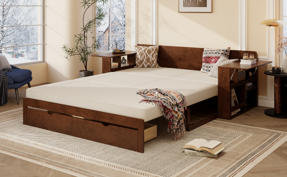 Espresso Queen Multifunctional Daybed in bed mode with side storage and removable desk, ideal for multifunctional room setups.
