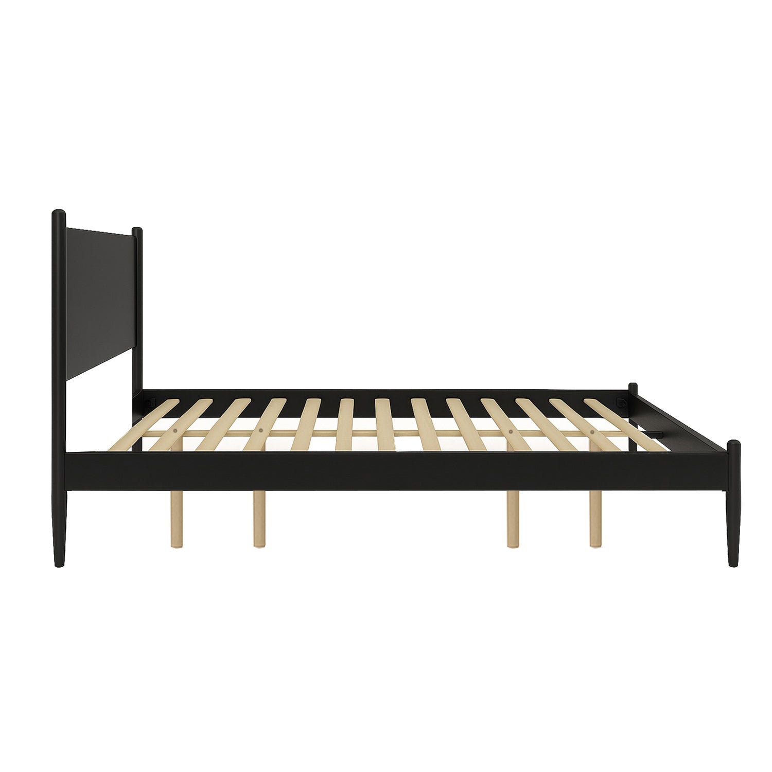 Side view of Black Mid-Century King Platform Bed with wooden slats and center support legs, offering a sturdy and stylish sleep solution.