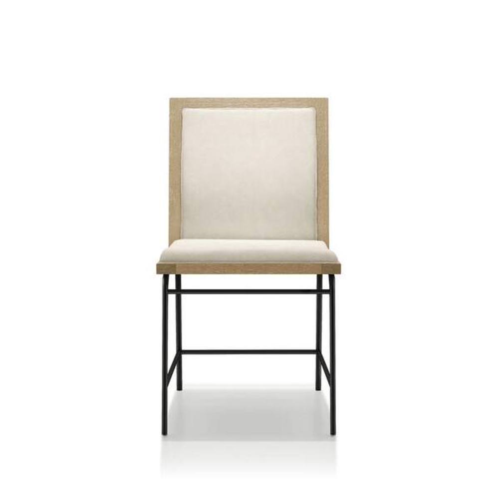 Front view of Oak Beige Dining Chair with cushioned seat and backrest, framed in wood and supported by sleek black metal legs.