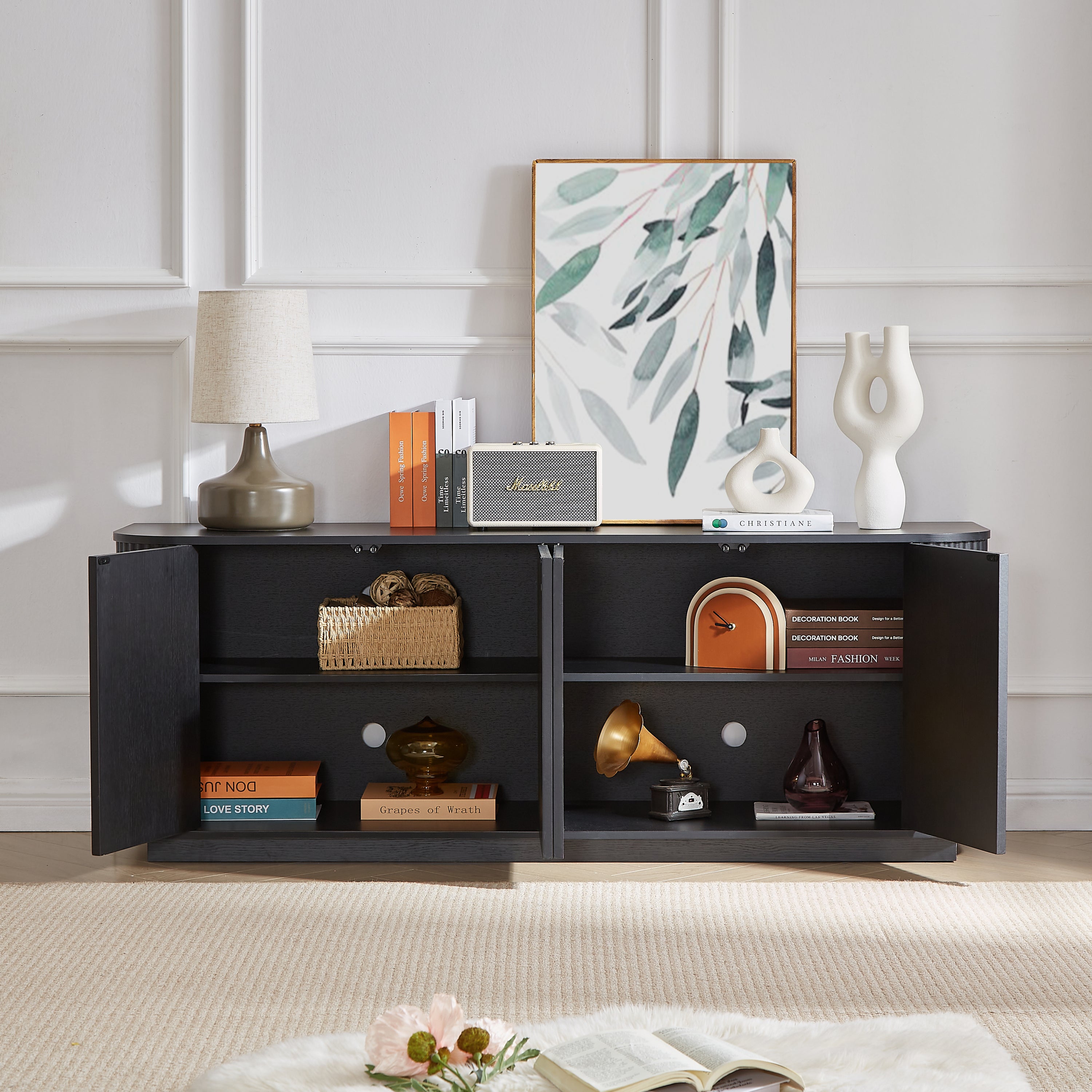 Black Wooden Sideboard Cabinet with wave pattern open to show interior shelves, ideal for storage in living or dining rooms.