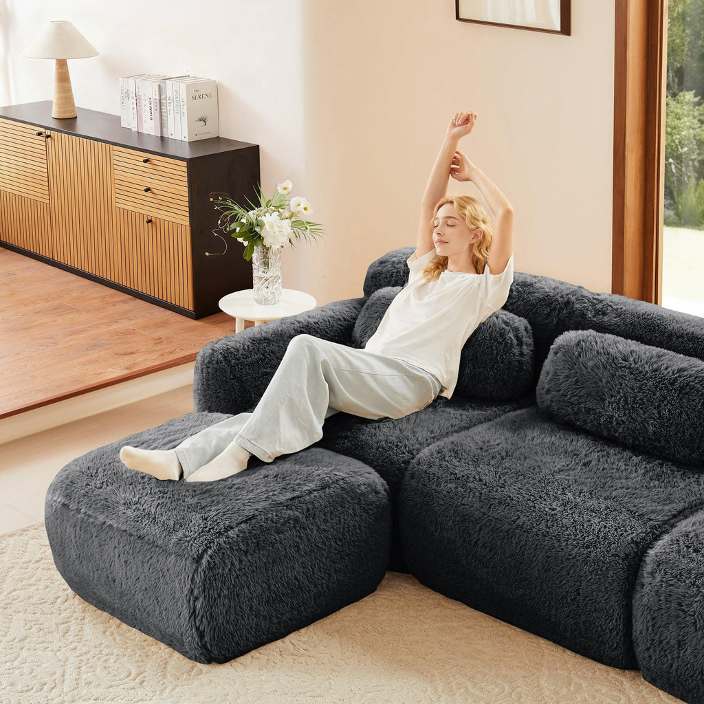 Modular 3-Seater Plush Sofa with Movable Ottoman - Dark Grey.