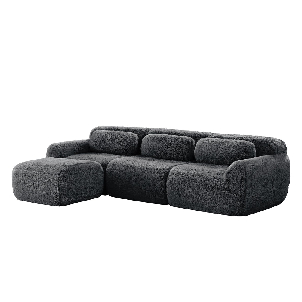 Dark Grey Plush Sofa - L-Shaped, No Assembly | Modular Design with rounded edges and ergonomic backrests for stylish relaxation.