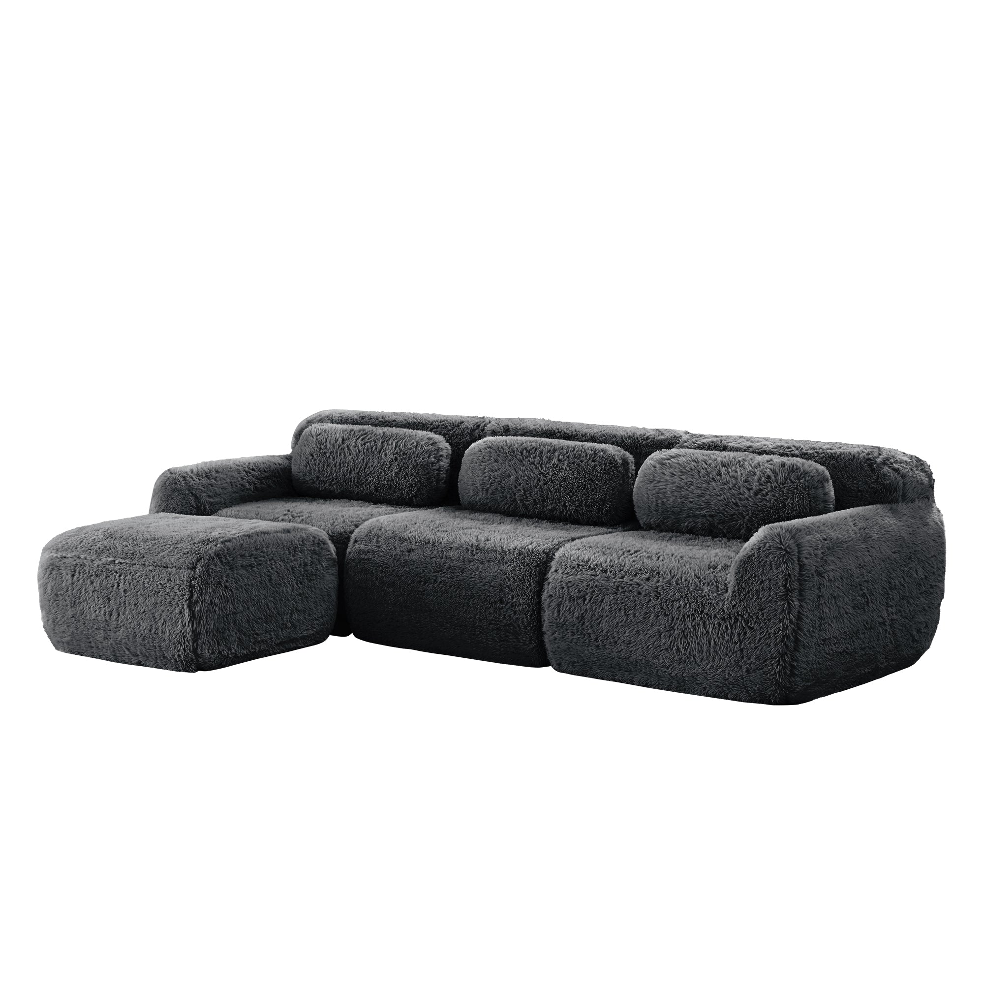 Dark Grey Plush Sofa - L-Shaped, No Assembly | Modular Design with rounded edges and ergonomic backrests for stylish relaxation.