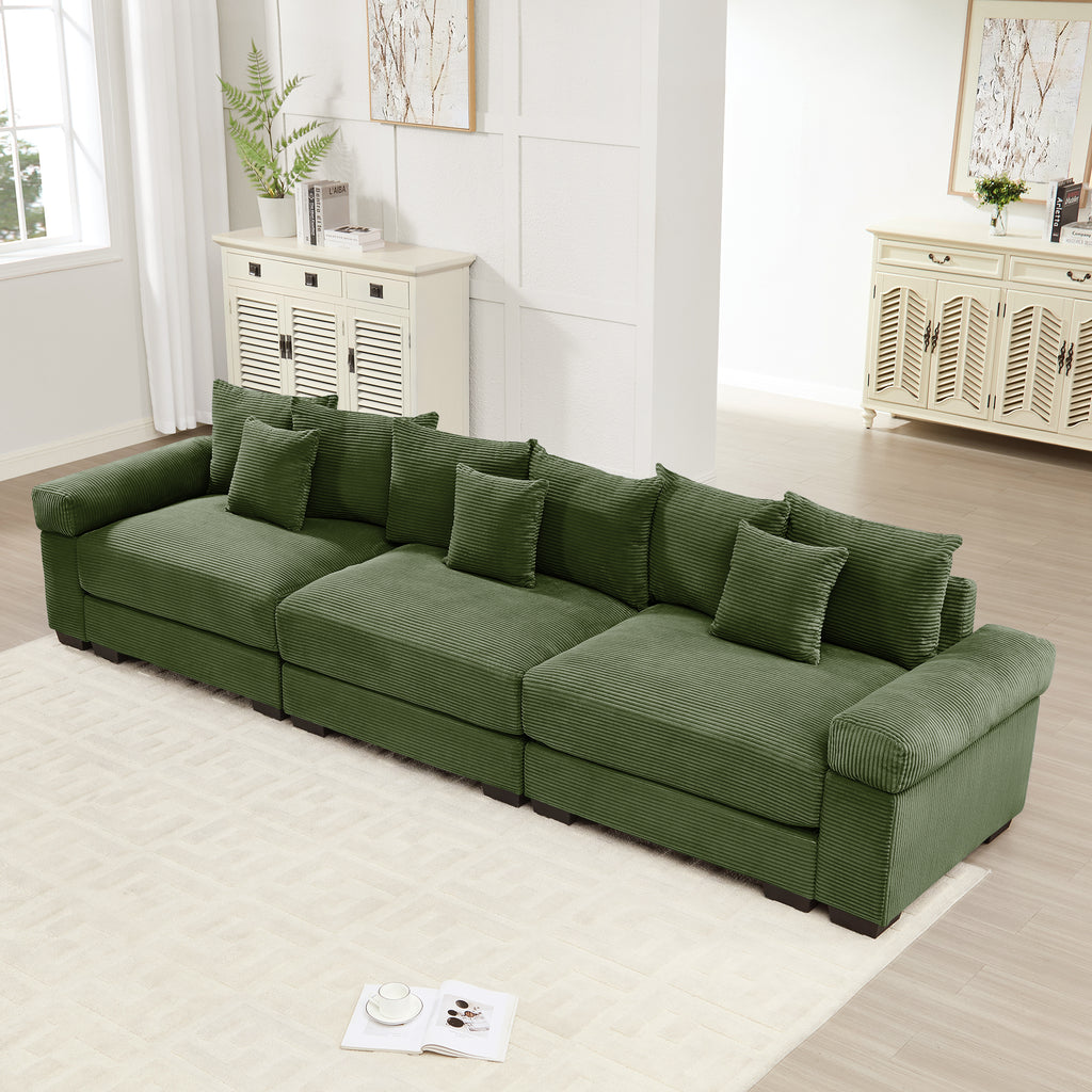 Oversized Green Corduroy 3-Seater Modular Sofa with Thick Armrests