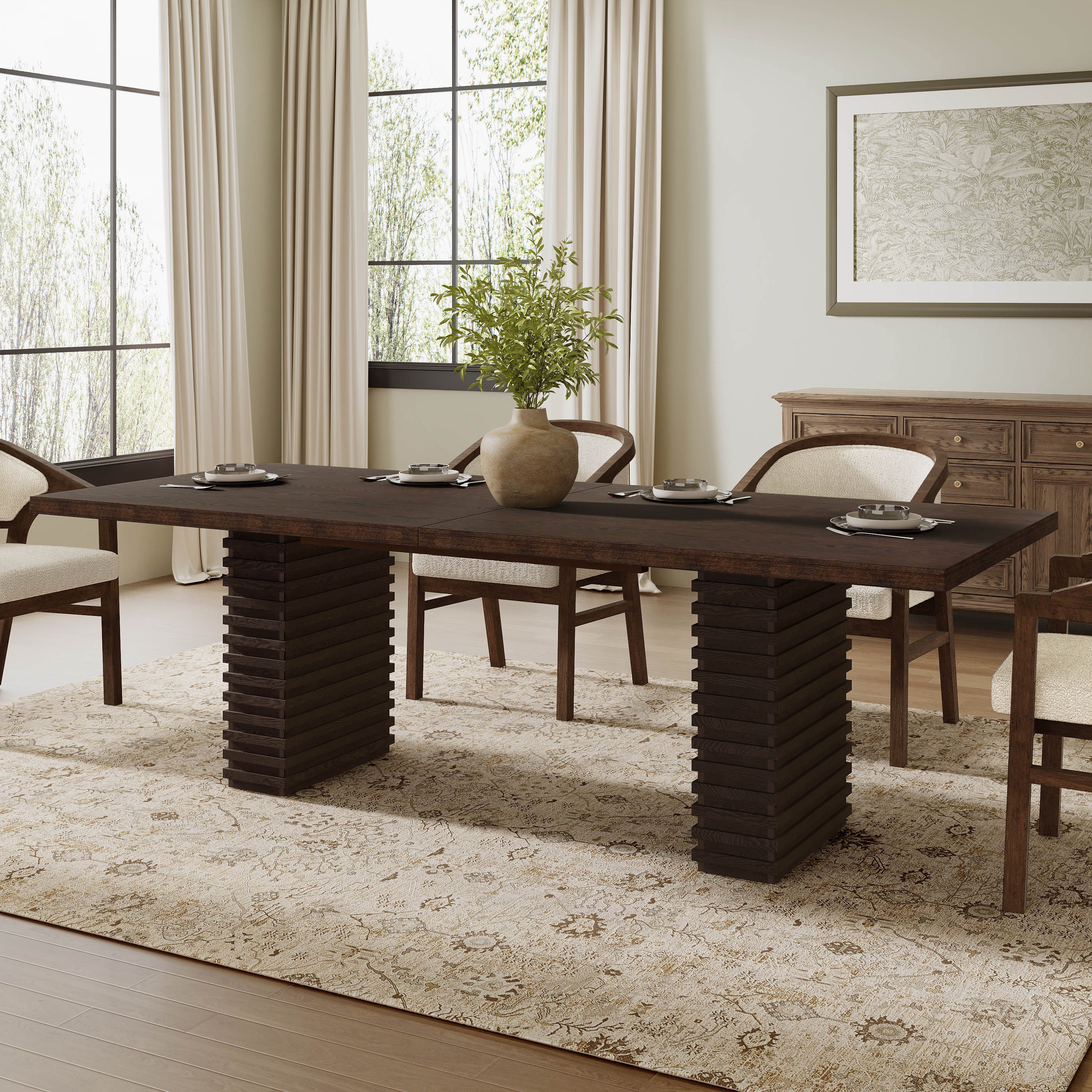 Espresso 95-Inch Dining Table for 8 in modern dining room with solid wood top and ribbed pedestal legs, perfect for elegant home decor.