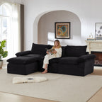 Black modular corduroy sofa with plush cushions and a woman reading, ideal for modern living rooms or apartments seeking comfort and flexibility.