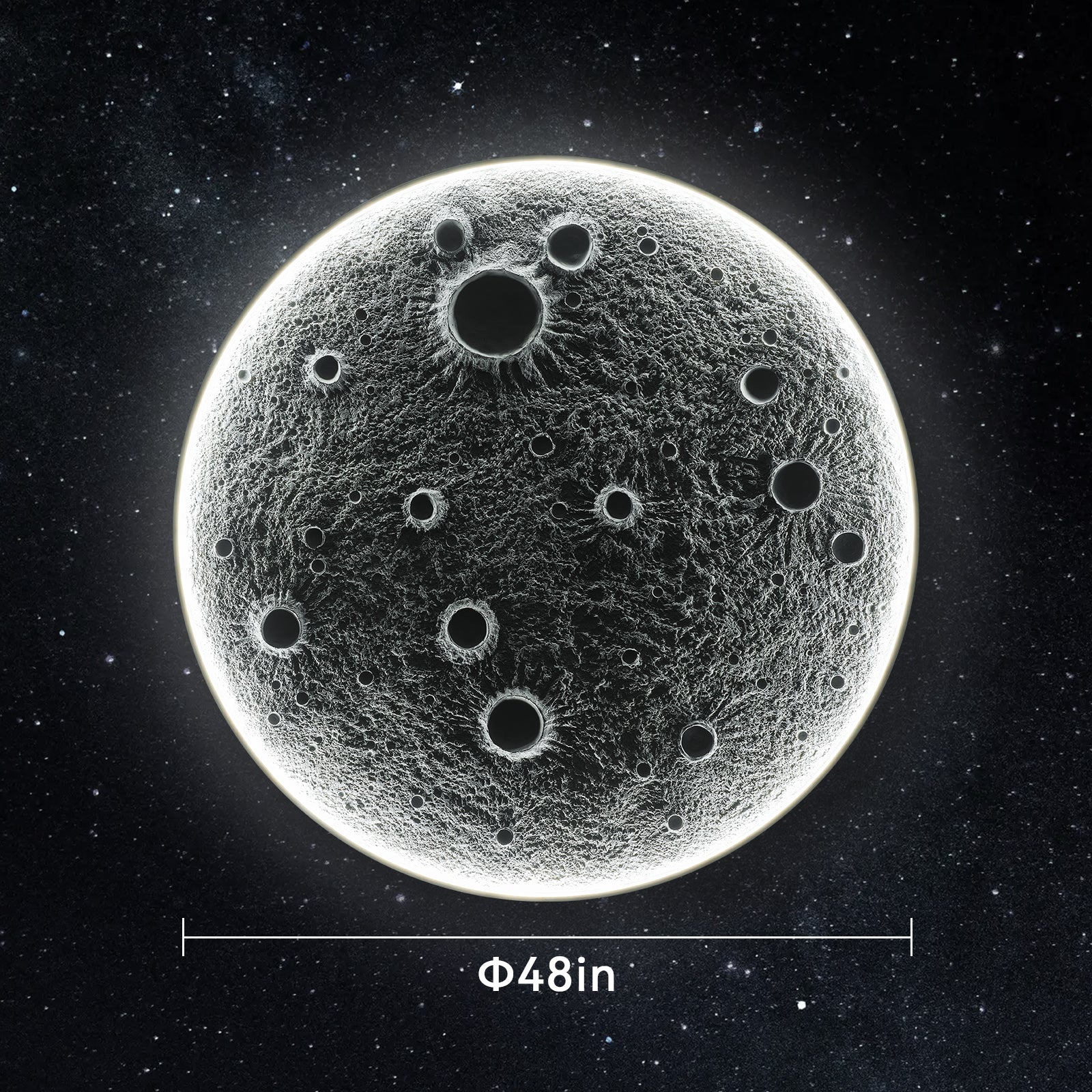 48-Inch LED Moon Wall Light with Remote Control displayed against a starry background, highlighting its full circular shape and detailed lunar design.