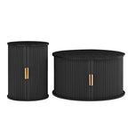[Assembly Video] Mid-Century Coffee Table Set with Sliding Tambour Door, Round Fluted End Table With Storage, Golden Handle Tall & Low Side Table with Wooden Finish for Living Room, Set of Two, Black.
