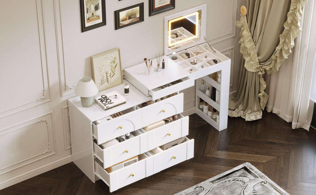 Vanity Desk with Mirror and Lights - Flip-Top Makeup Table.