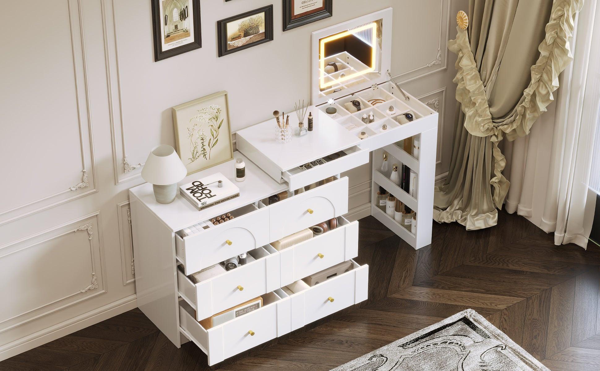 Vanity Desk with Mirror and Lights - Flip-Top Makeup Table.