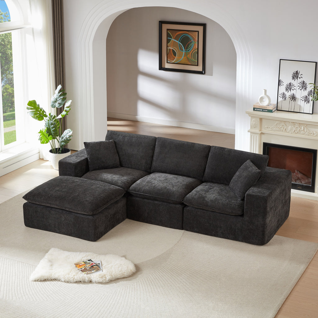 Chenille Cloud Sofa - Comfortable & Combinable in modern living room setup. Dark gray sectional with chaise and soft cushions for stylish comfort.