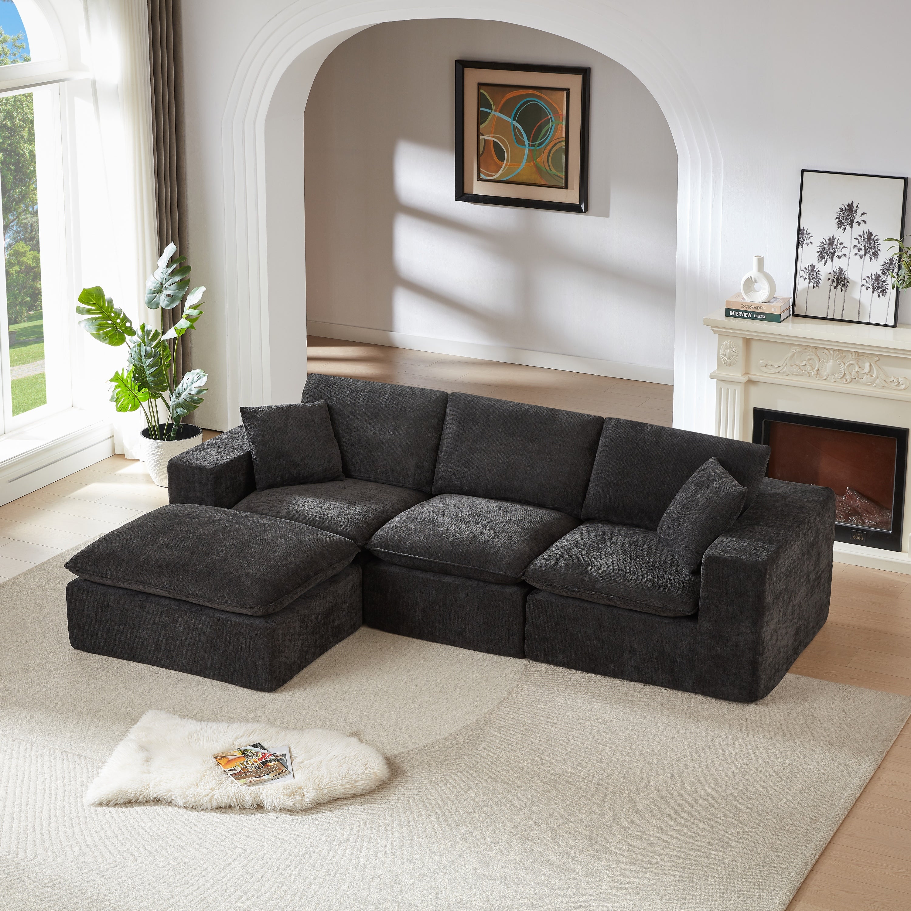 Chenille Cloud Sofa - Comfortable & Combinable in modern living room setup. Dark gray sectional with chaise and soft cushions for stylish comfort.