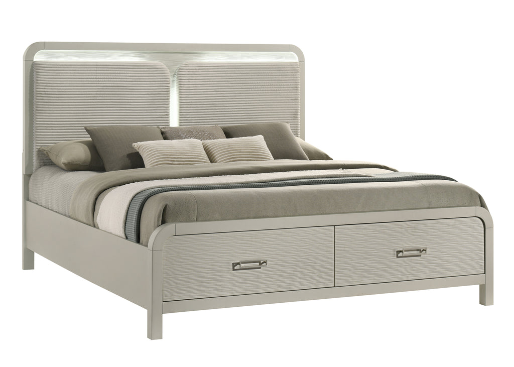 Aria Modern Queen Bed with Storage features a beige upholstered headboard and two front drawers, blending elegance and functionality for modern bedrooms.