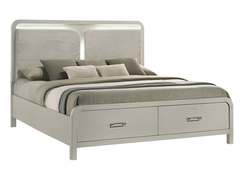 Aria Modern Queen Bed with Storage features a beige upholstered headboard and two front drawers, blending elegance and functionality for modern bedrooms.