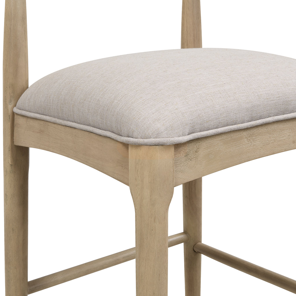 Detail of grey upholstered seat with piping on Stylish Pebble Fabric Bar Stool, showing quality stitching and padding.