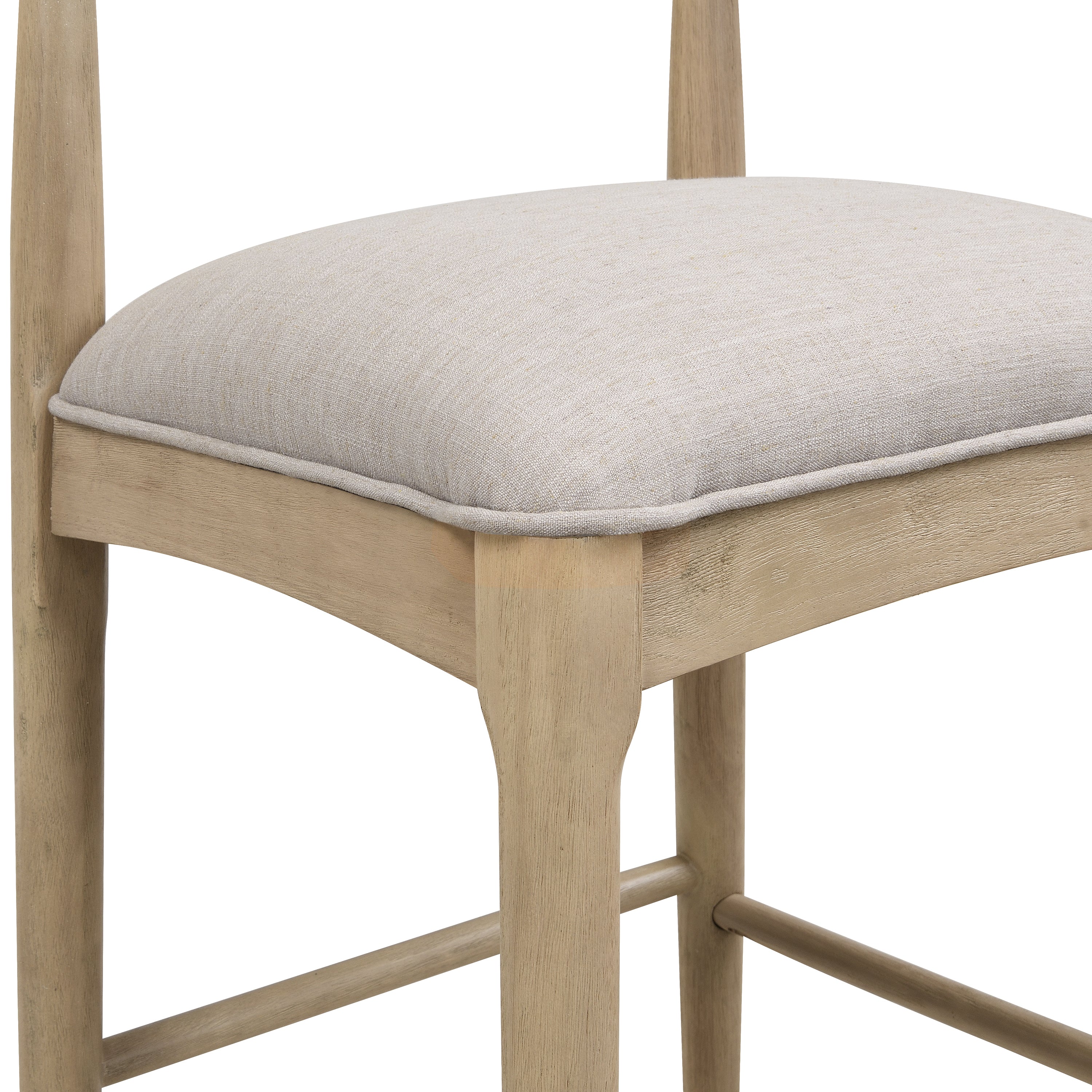 Detail of grey upholstered seat with piping on Stylish Pebble Fabric Bar Stool, showing quality stitching and padding.