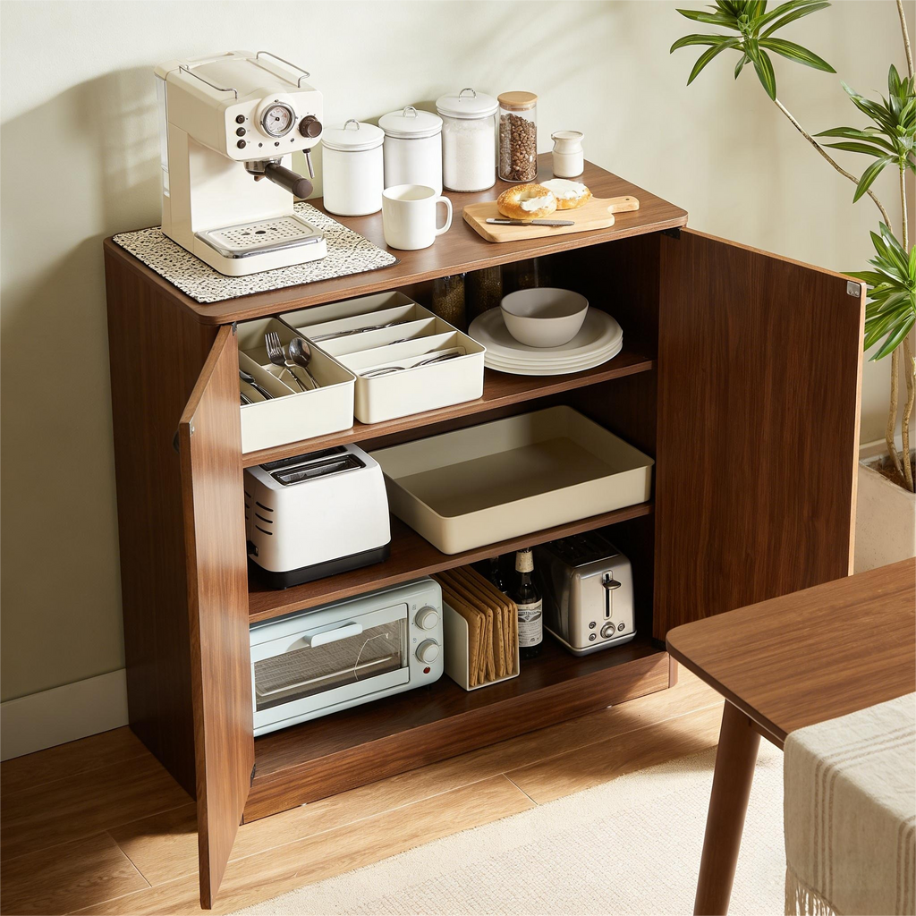 Walnut 31.5-inch Sideboard Cabinet with Curved Design.
