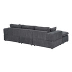 Rear view of large modular sectional in dark gray corduroy. Displays clean lines and modular back panel construction.
