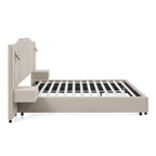 Side profile of king size bed frame with solid slatted base and upholstered headboard, designed for stability and elegance.