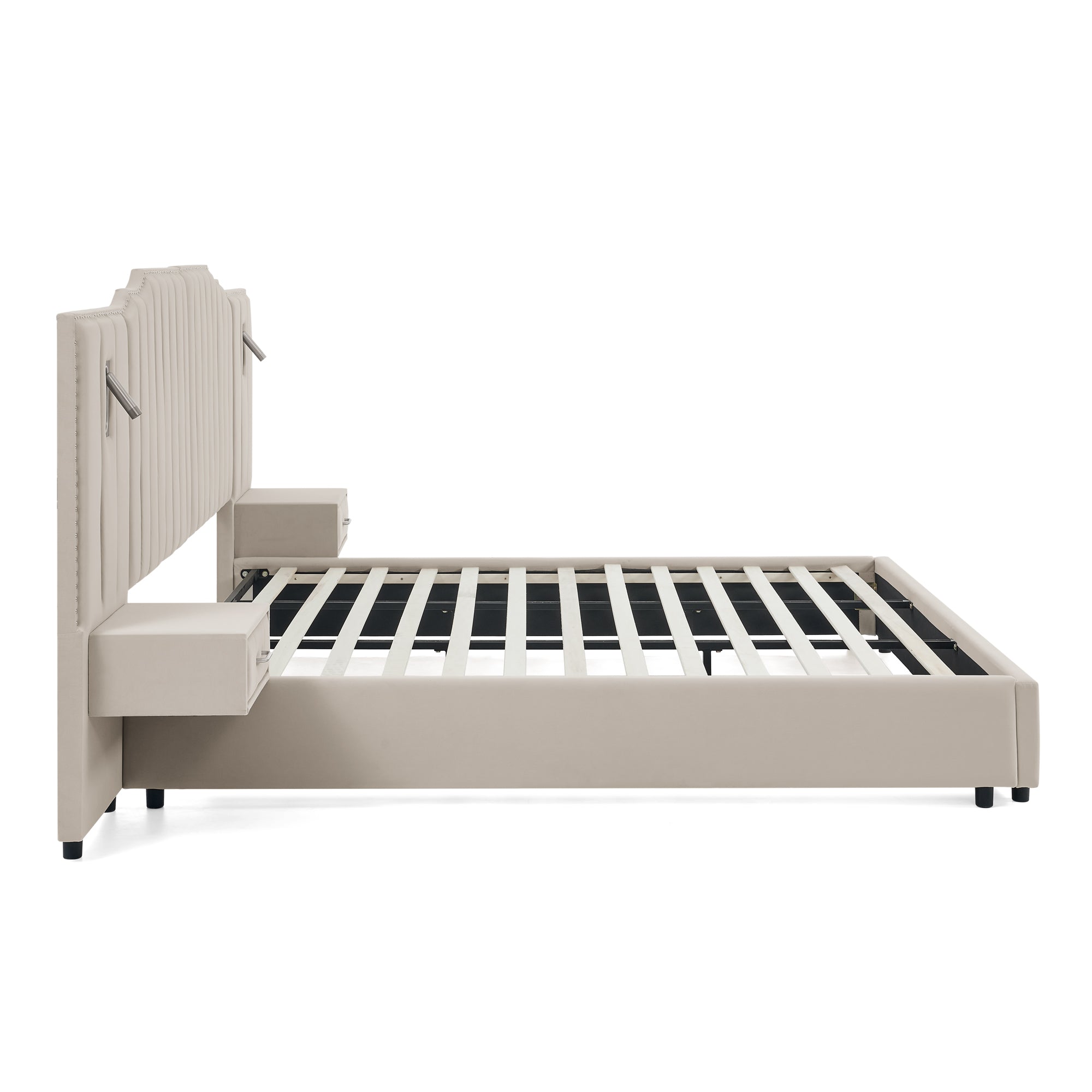 Side profile of king size bed frame with solid slatted base and upholstered headboard, designed for stability and elegance.