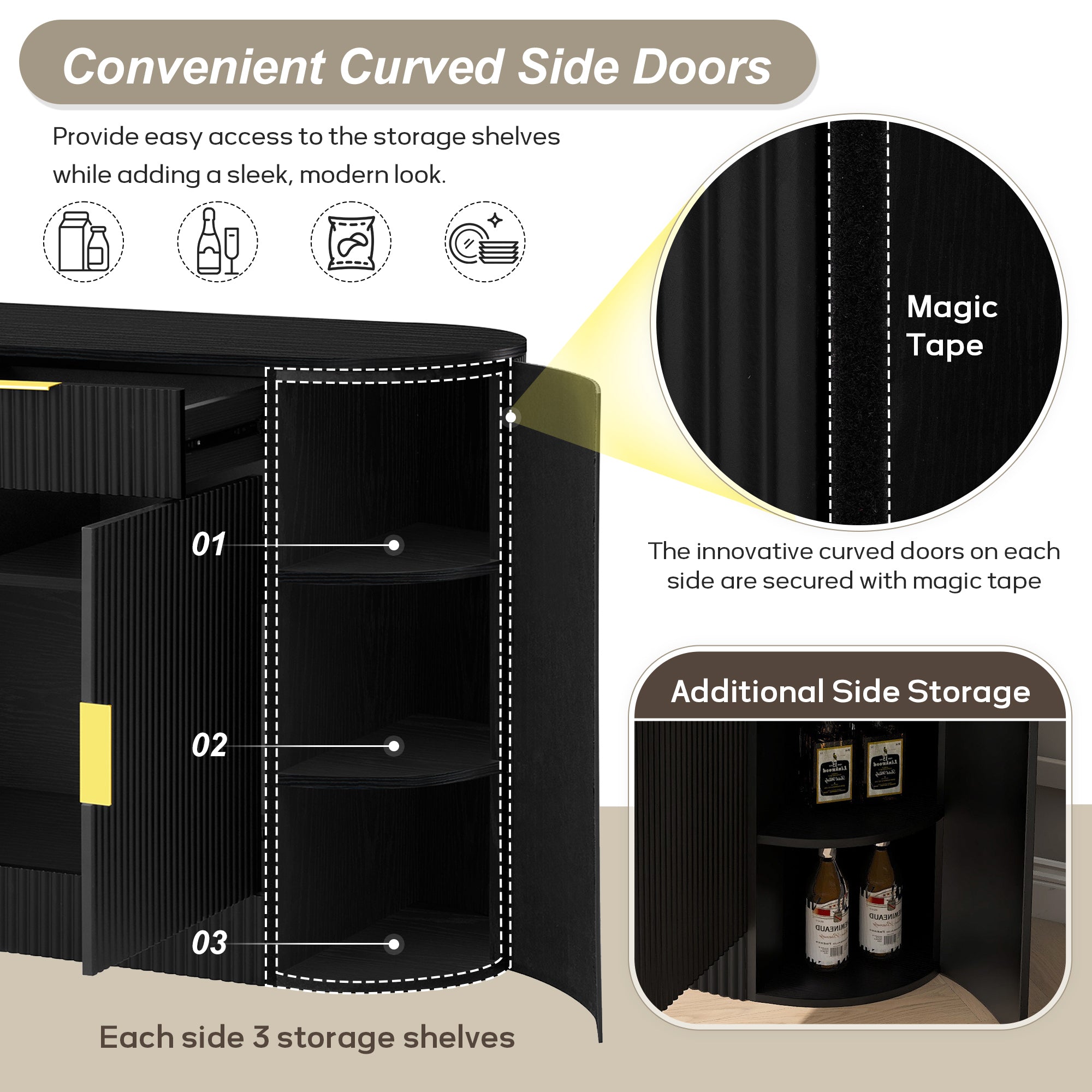 U_STYLE Storage Cabinet - Modern Design & Ample Space featuring curved side doors with magic tape and three-tier shelves for additional storage.
