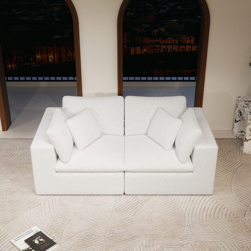 Modular Sectional Sofa - White Plush Corduroy Fabric.