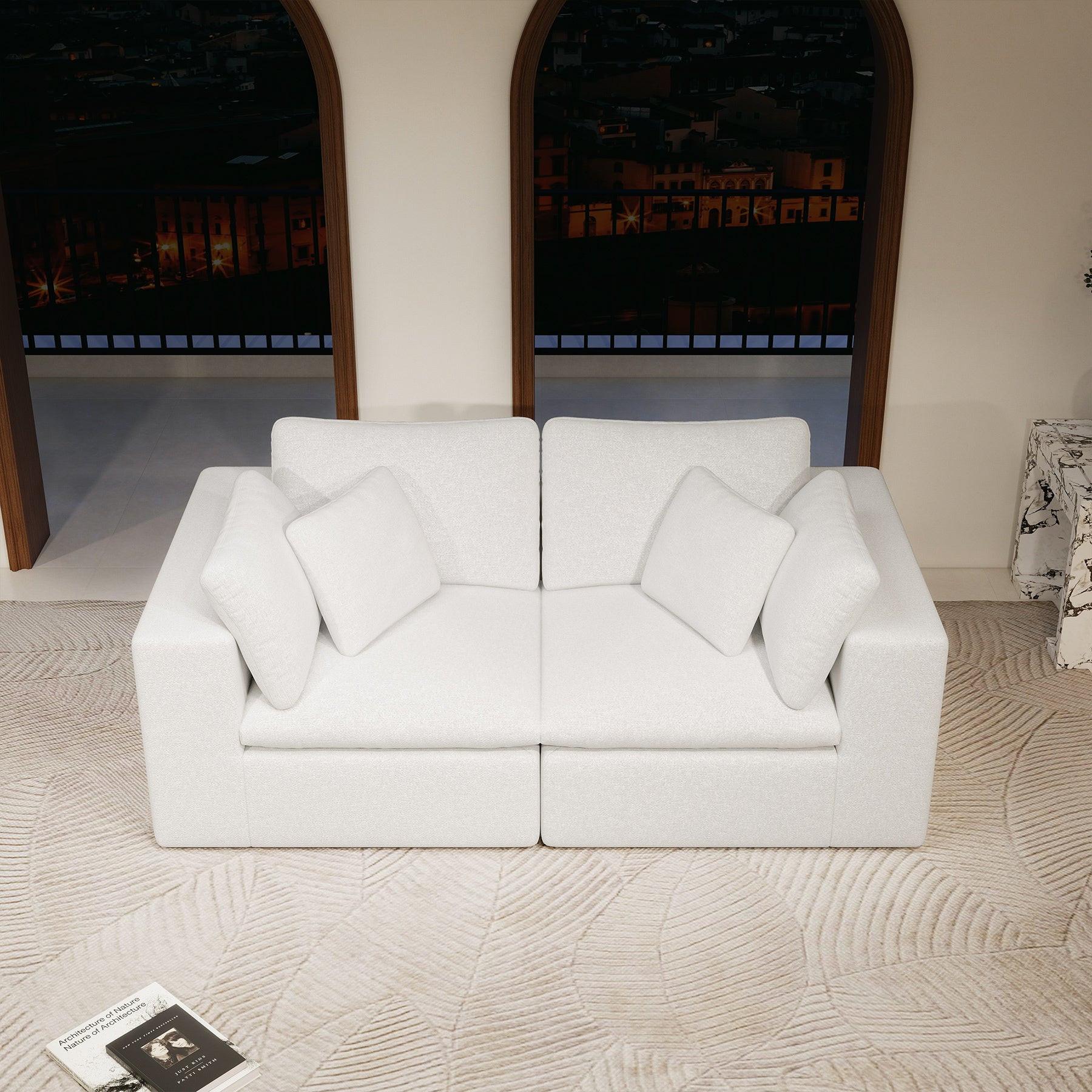 Modular Sectional Sofa - White Plush Corduroy Fabric.