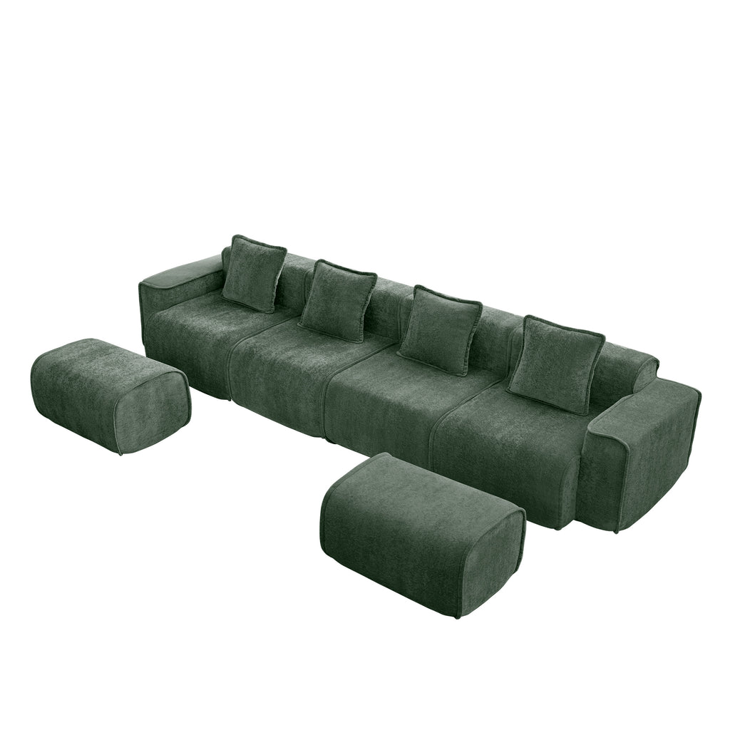 Angled view of the 4 Seat Modular Green Velvet Sofa with ottomans, designed for flexible arrangement and modern comfort.