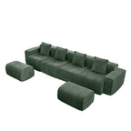 Angled view of the 4 Seat Modular Green Velvet Sofa with ottomans, designed for flexible arrangement and modern comfort.