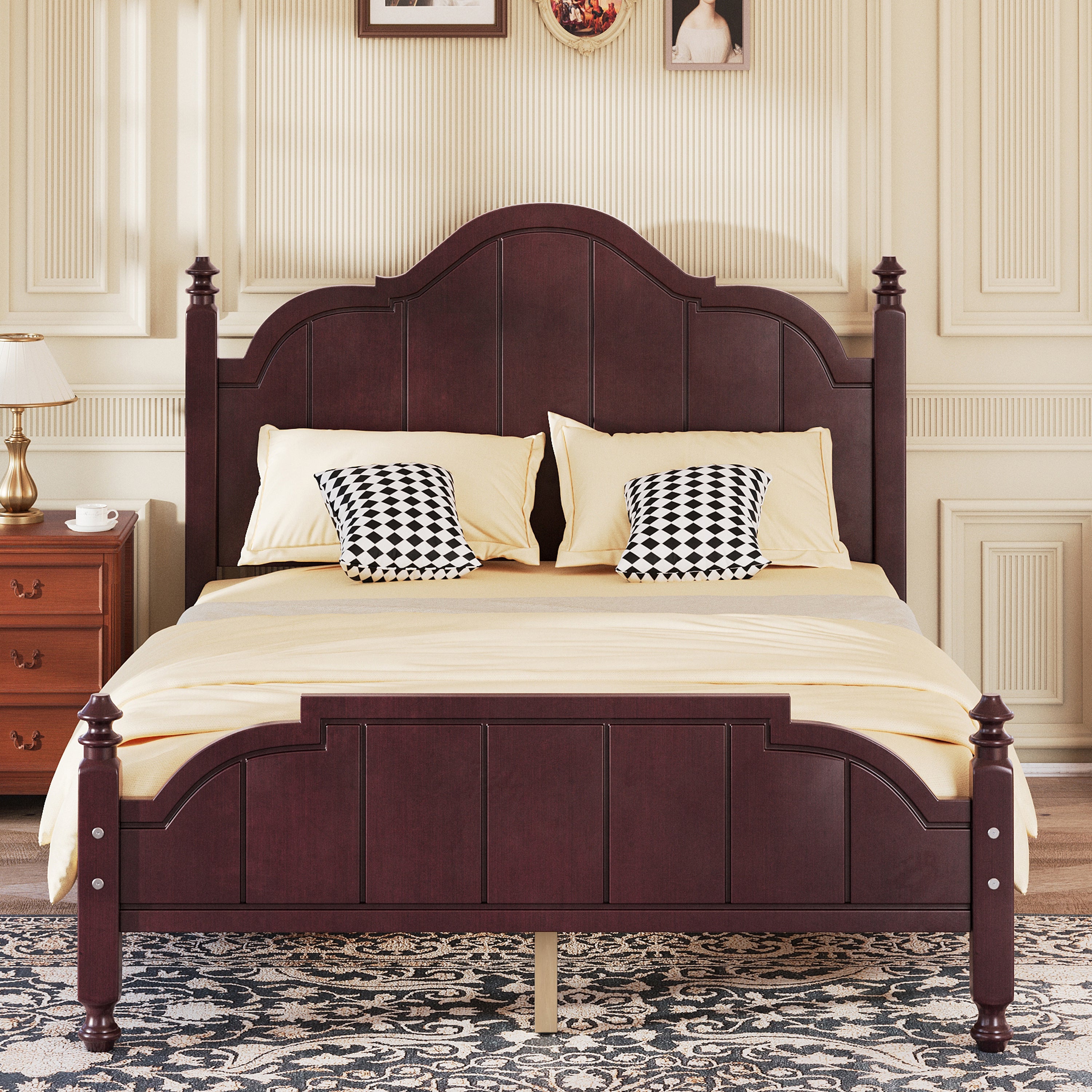 Full Size Wooden Bed Frame with Headboard - Easy Setup, shown in a classic bedroom with beige bedding and checkered pillows.