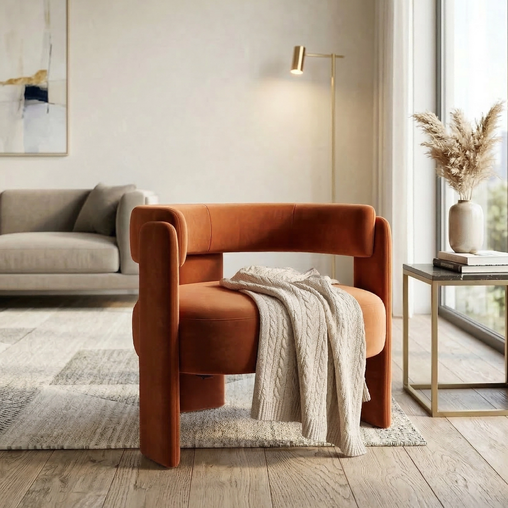 Orange Velvet Mid-Century Modern Accent Chair with Wooden Legs