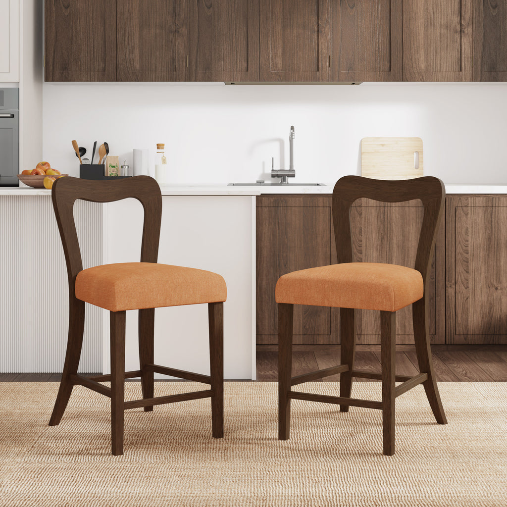 Counter Stool Set of 2 in Walnut and Caramel with rubberwood frame in a modern kitchen. Ergonomic design complements contemporary decor.