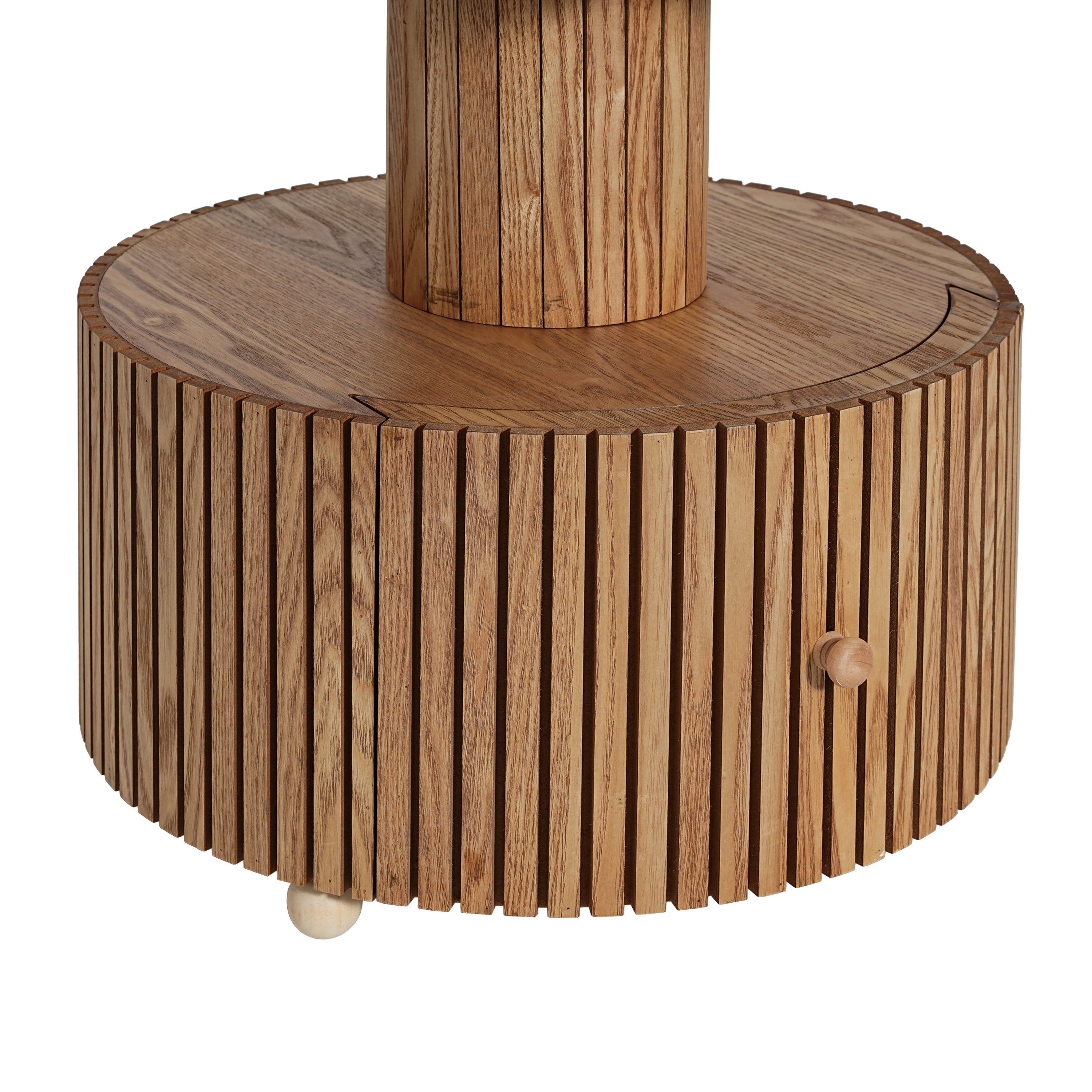 Close-up of the wood-grain base and central support column of the Unique Four-Leaf Clover Side Table with vertical slat design.