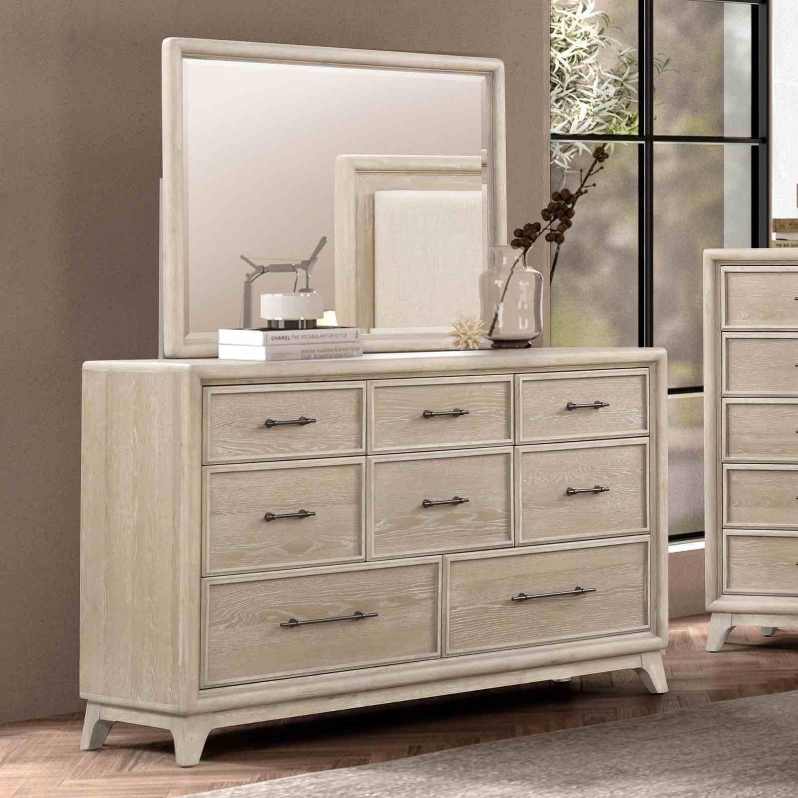 Oak Finish Eight Drawers Dresser with Mirror in Solid Rubberwood.