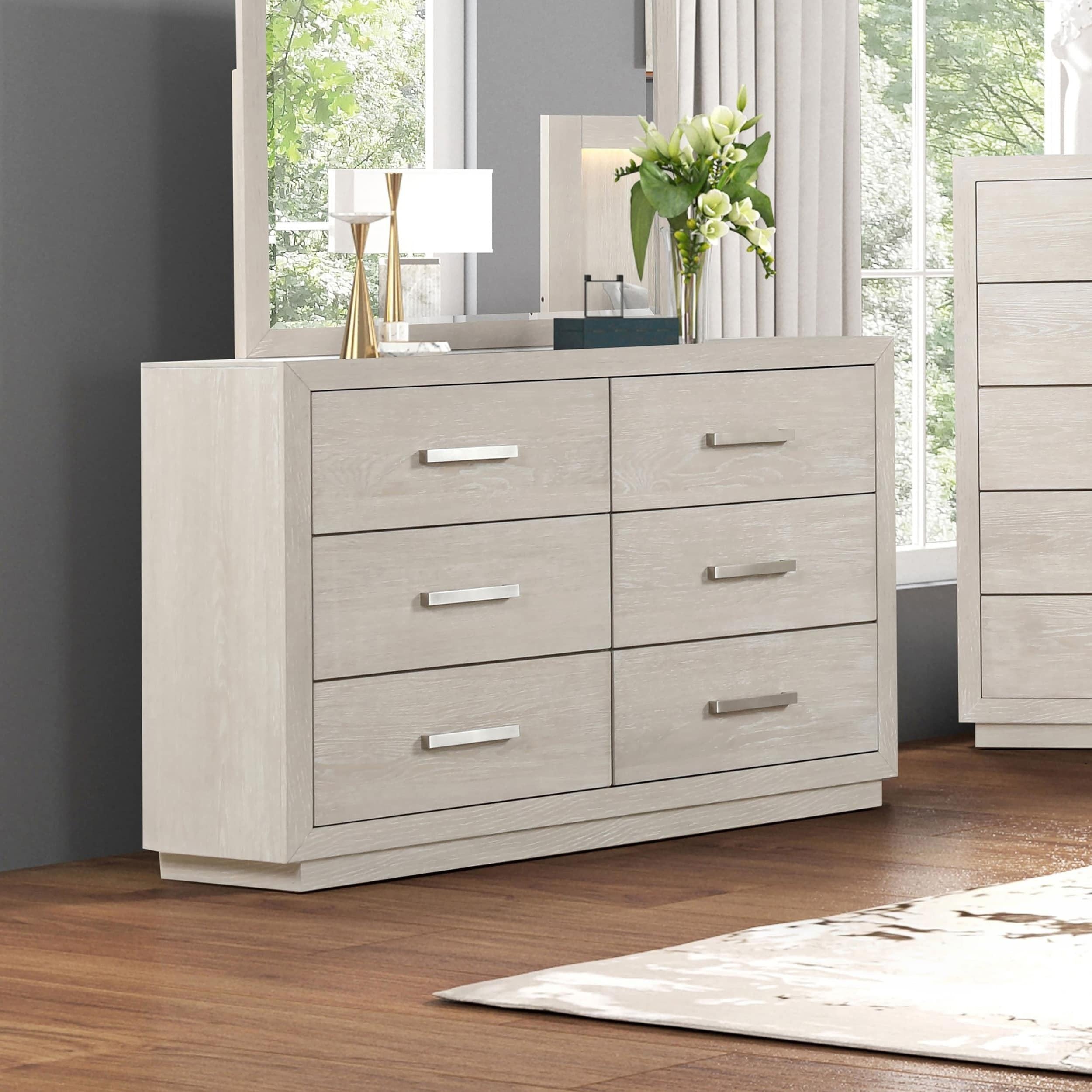 Light Gray Dresser with Mirror - Six Drawers Storage.
