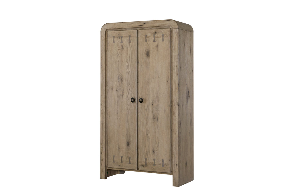 Knotty Oak Armoire - Solid Wood featuring closed double doors with decorative wood accents and a natural oak finish.