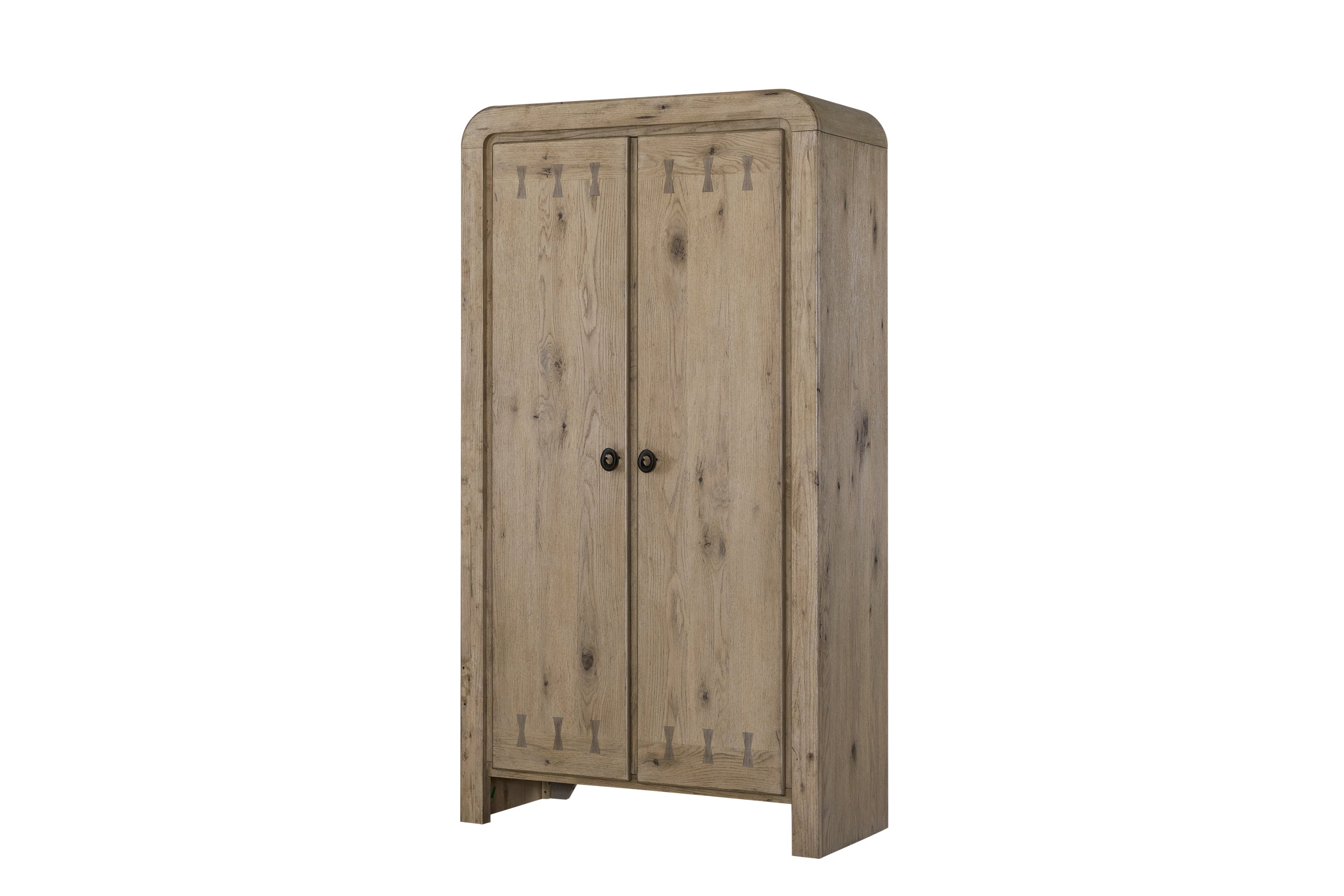 Knotty Oak Armoire - Solid Wood featuring closed double doors with decorative wood accents and a natural oak finish.