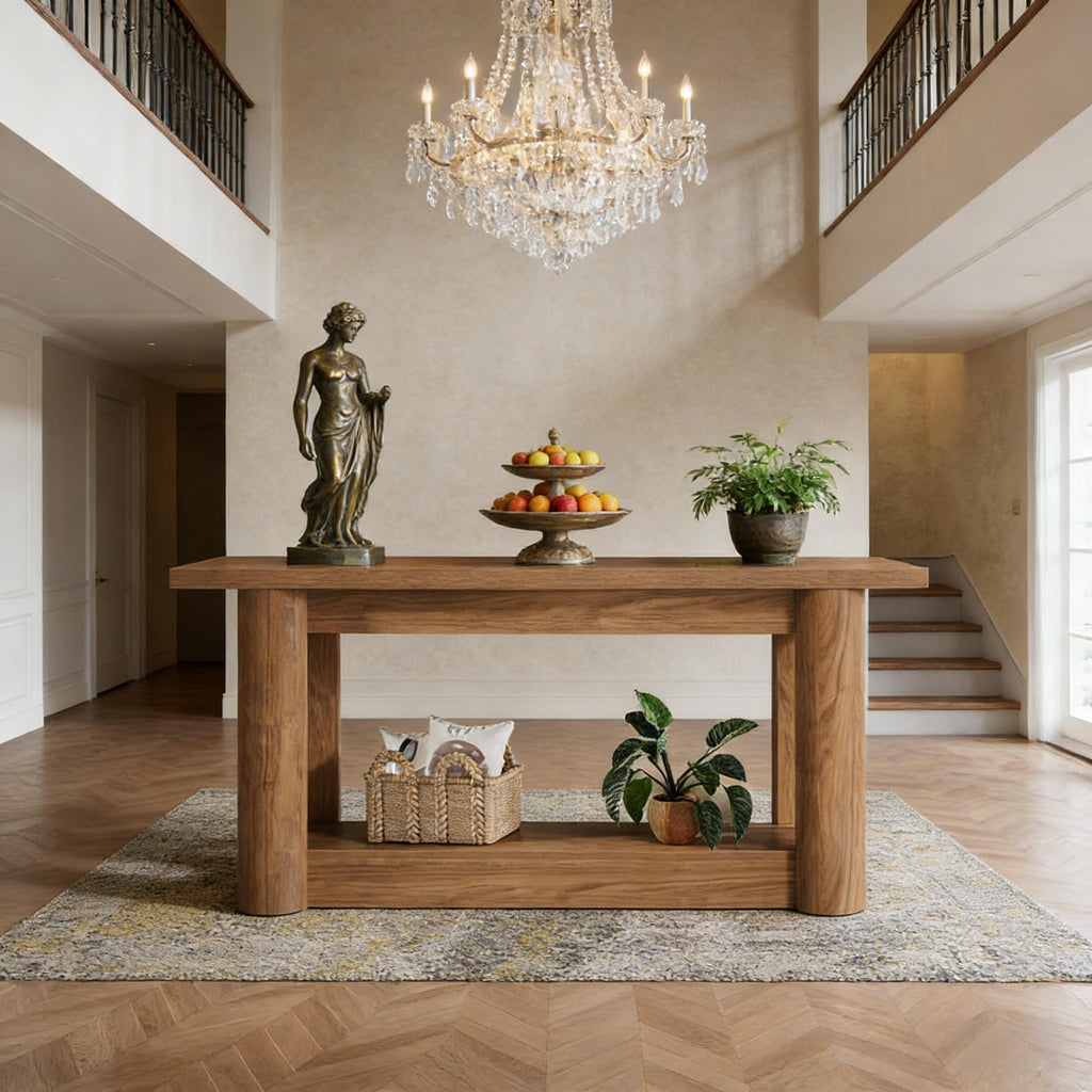 Solid wood 2-tier console table with chunky cylindrical legs, styled in a grand entryway with decor and a rug.