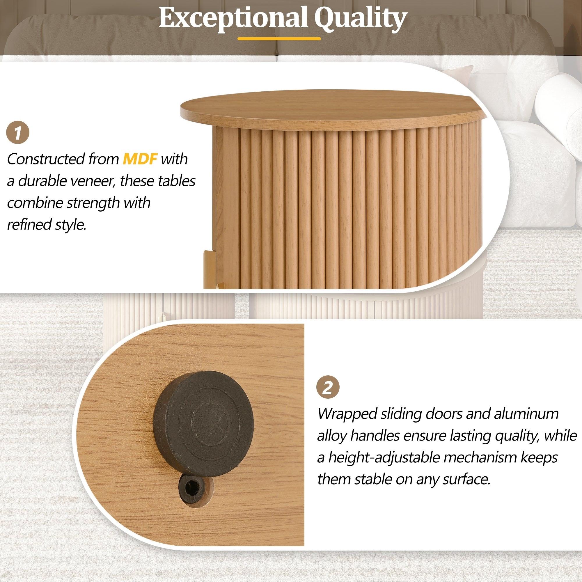 [Assembly Video]Mid-Century Coffee Table Set with Sliding Tambour Door, Round Fluted End Table With Storage, Golden Handle Tall & Low Side Table with Wooden Finish for Living Room, Set of Two ,Natural.