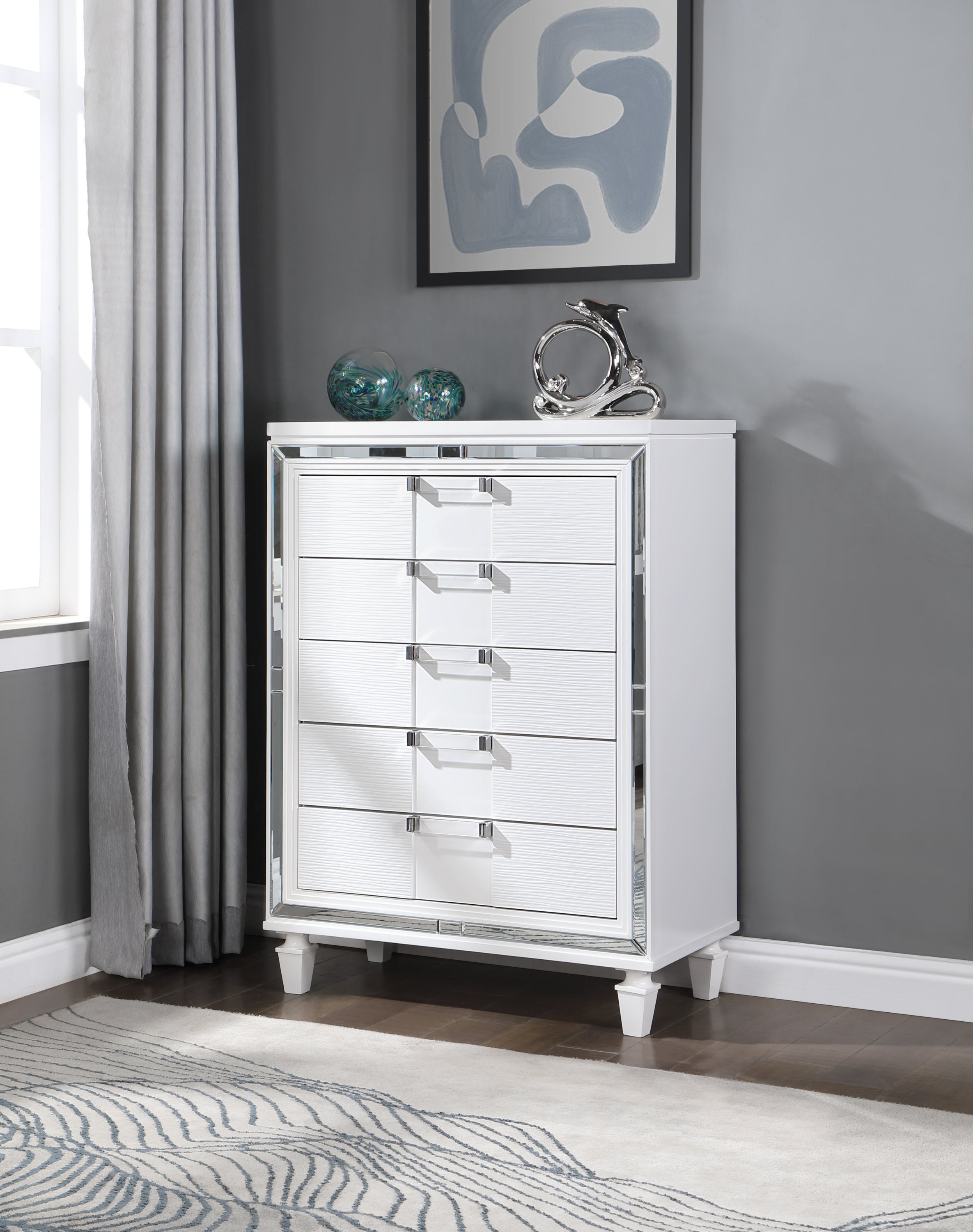 Genoa 48-Inch Sparkling White Wood Chest with Mirror Trim and Drawers