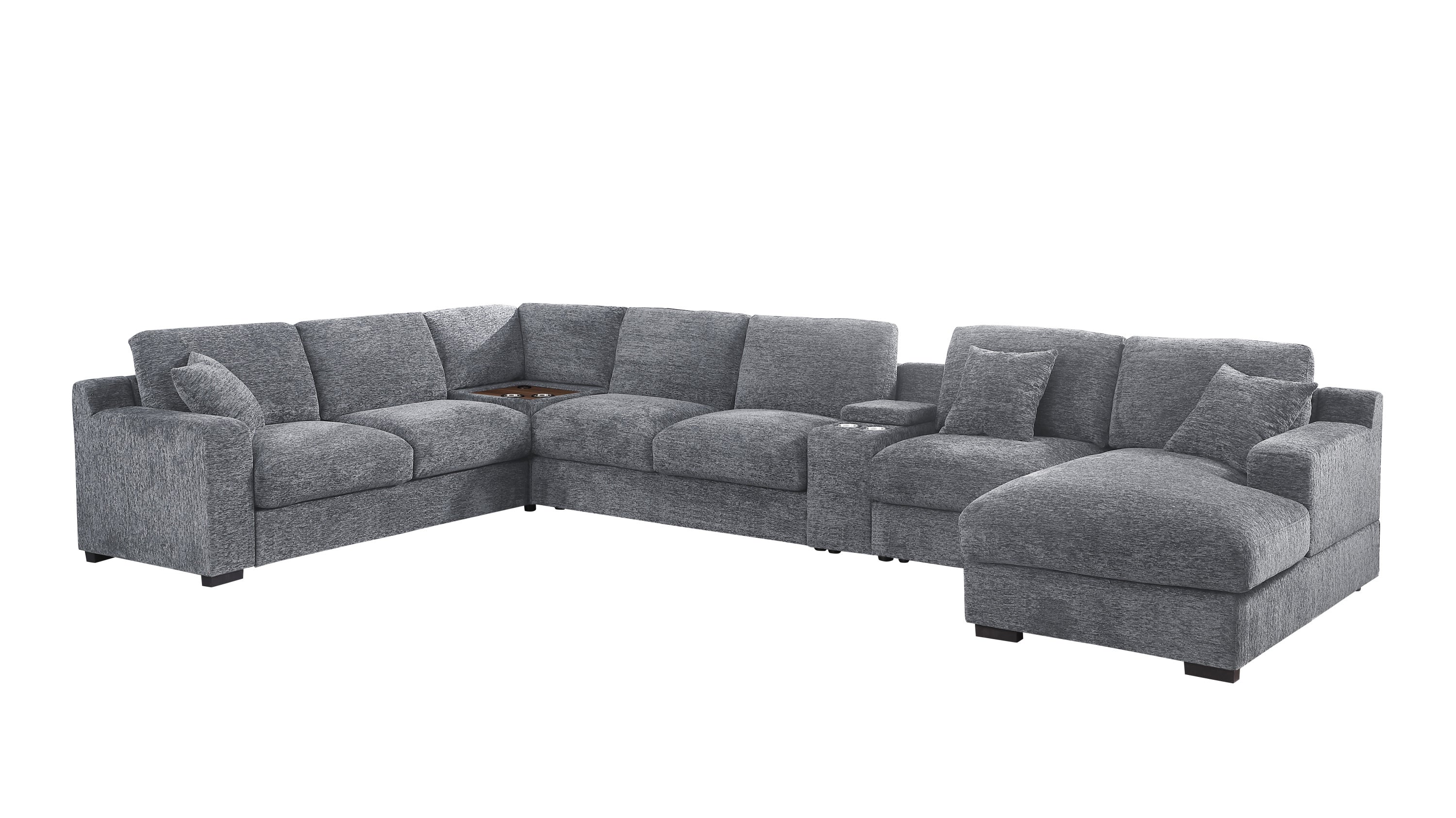 Modern light gray sectional sofa with chaise lounge, cupholders, and charging ports, designed for comfort and tech-friendly living.