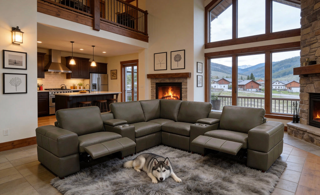 Olive Green Leather Match Sectional with Recliners and Console