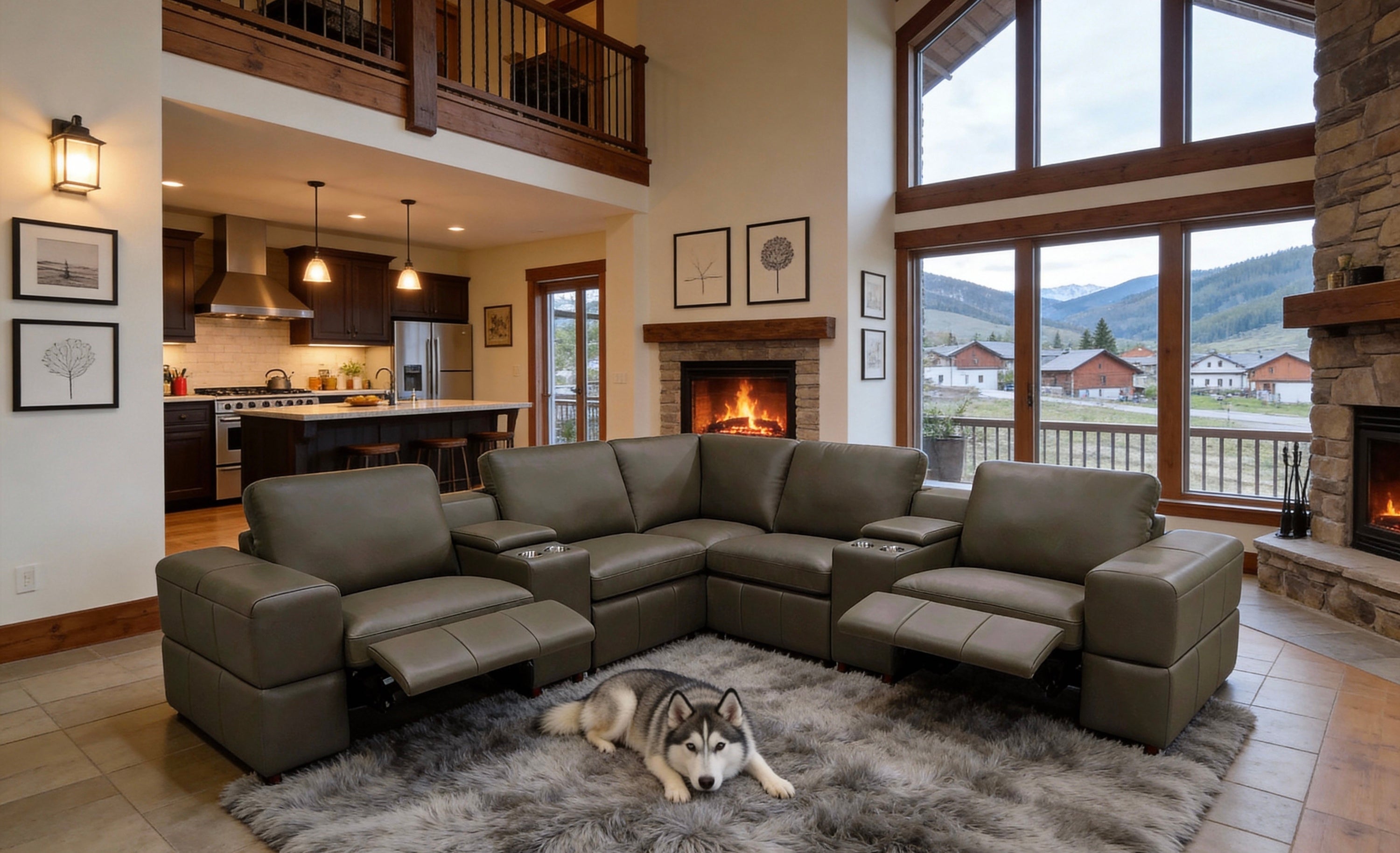 Olive Green Leather Match Sectional with Recliners and Console