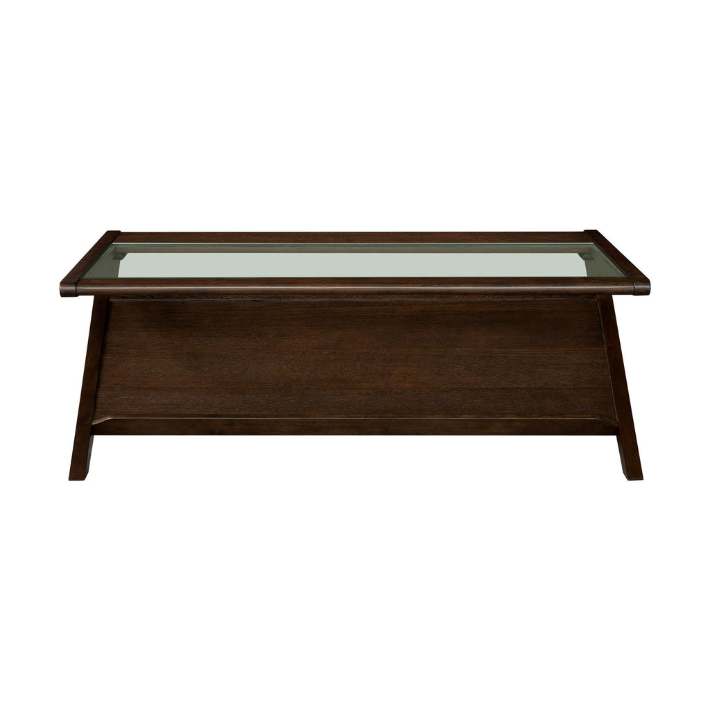 Front view of Rocket wood & tempered glass coffee table in Morocco Brown, featuring a sleek design and integrated storage shelf.