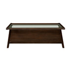 Front view of Rocket wood & tempered glass coffee table in Morocco Brown, featuring a sleek design and integrated storage shelf.