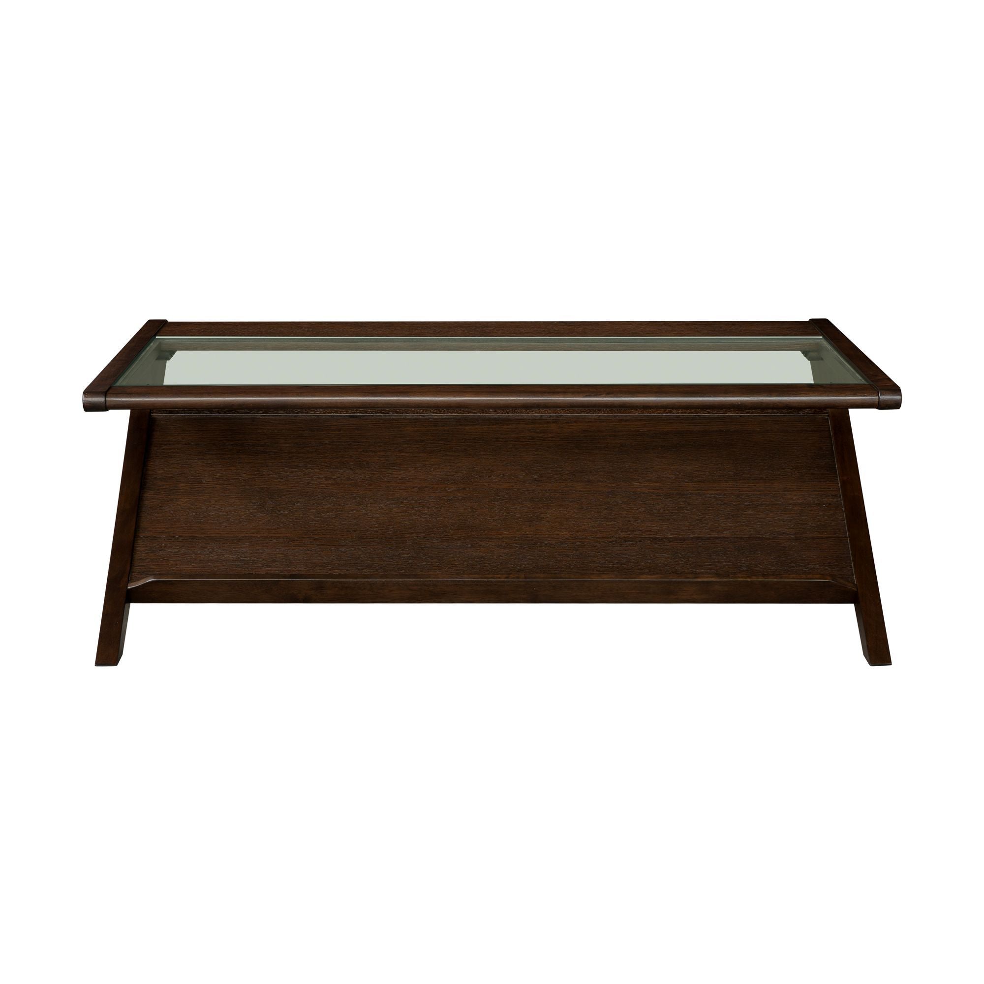 Front view of Rocket wood & tempered glass coffee table in Morocco Brown, featuring a sleek design and integrated storage shelf.